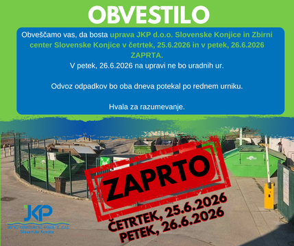 ZAPRTO 25.6.2026 IN 26.6.2026